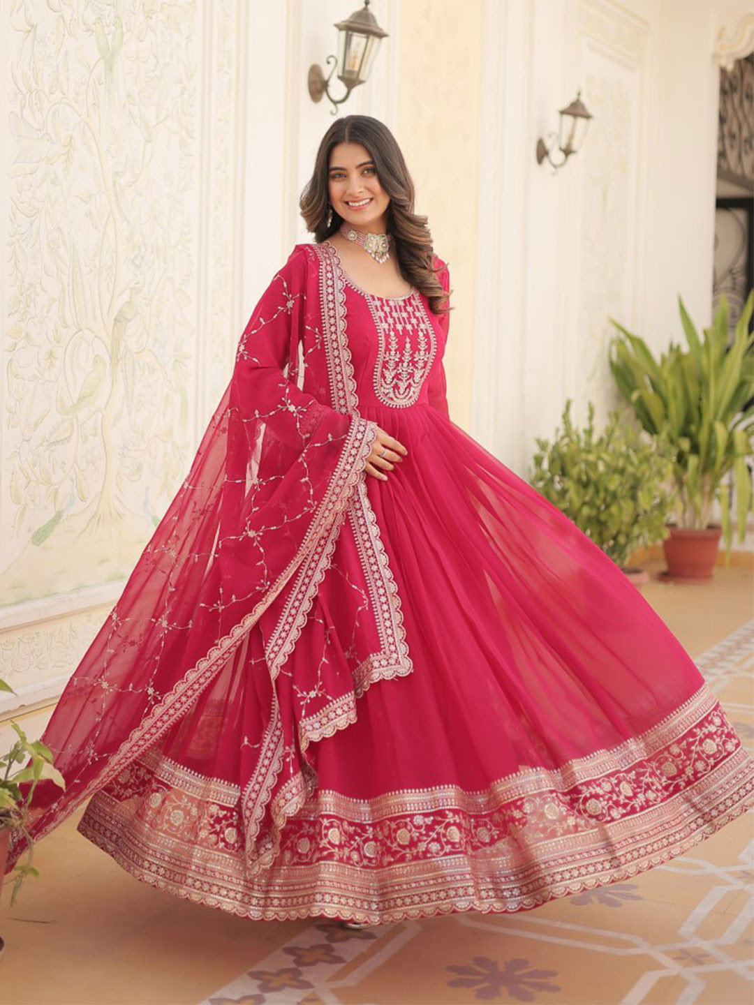 

ZIBLON Sequins Embroidered Fit & Flared Gown With Dupatta, Pink