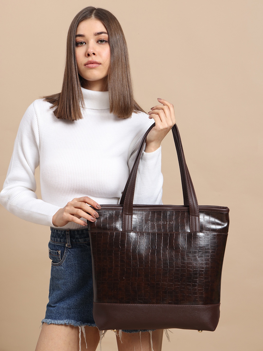 

Pramadda Pure Luxury Textured PU Swagger Tote Bag, Brown