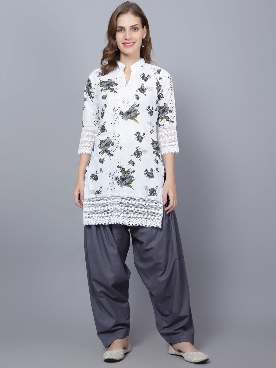 

Trendzmy Floral Printed Mandarin Collar Pure Cotton Straight Kurti With Salwar, White