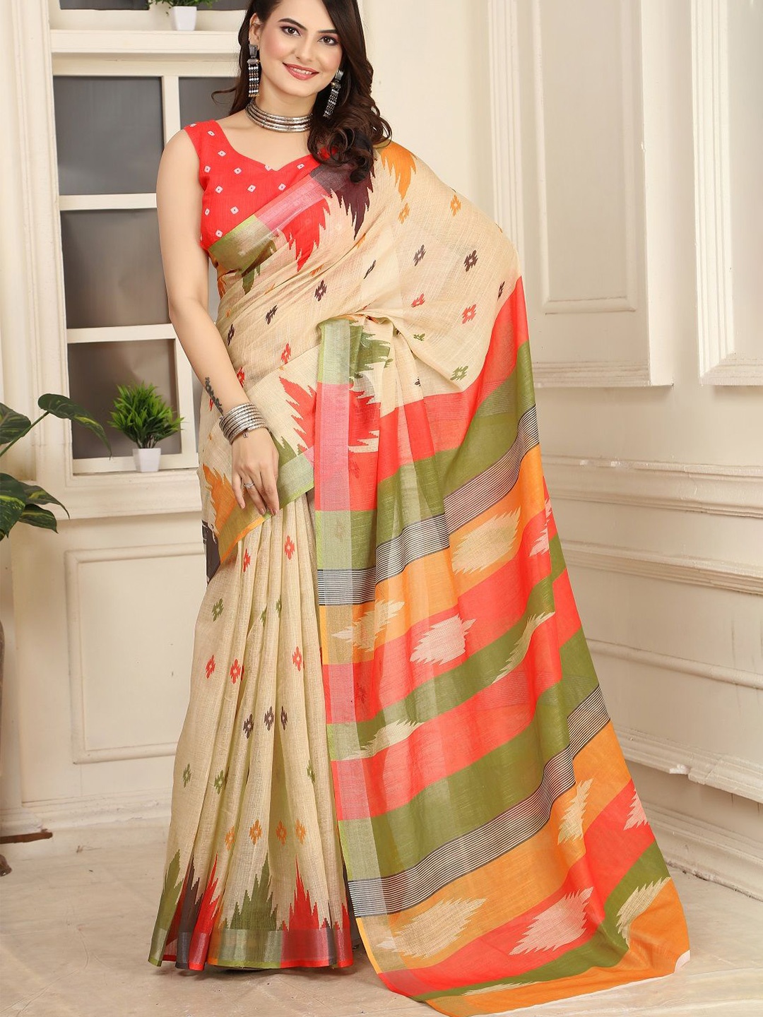 

Iris Geometric Printed Cotton Saree With Unstitched Blouse Piece, Beige