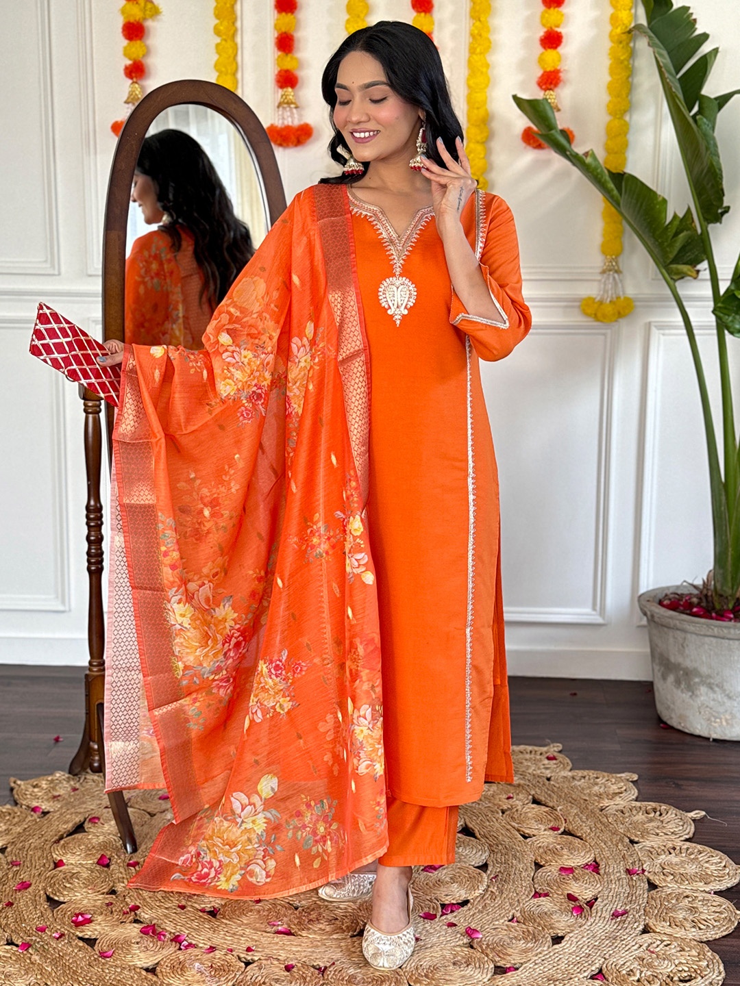 

KALINI Ethnic Motifs Yoke Design V-Neck Chanderi Straight Kurta With Palazzos & Dupatta, Orange