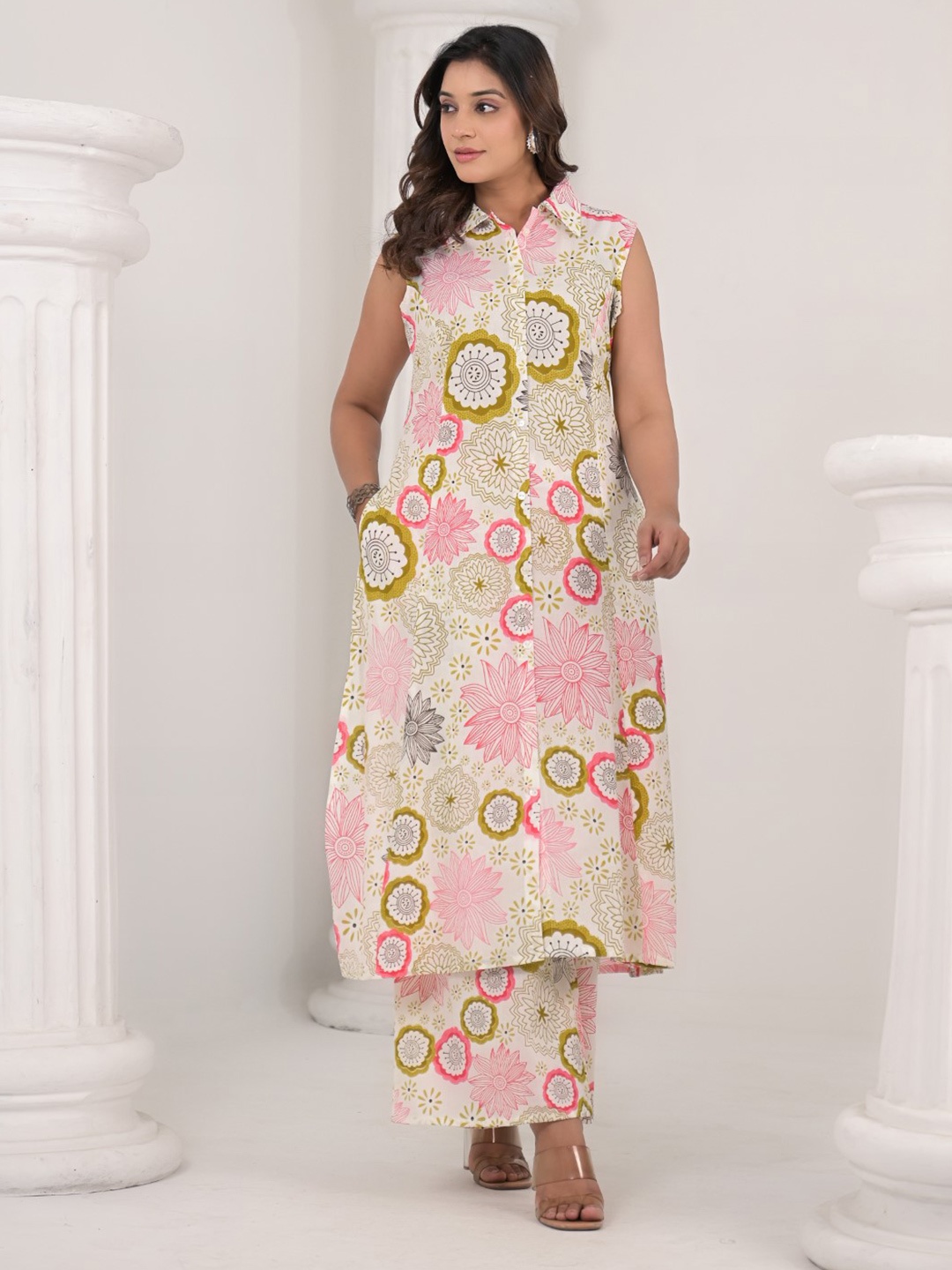 

AUTUMN LANE Shirt Collar Printed A-Line Pure Cotton Kurta With Palazzos, Pink