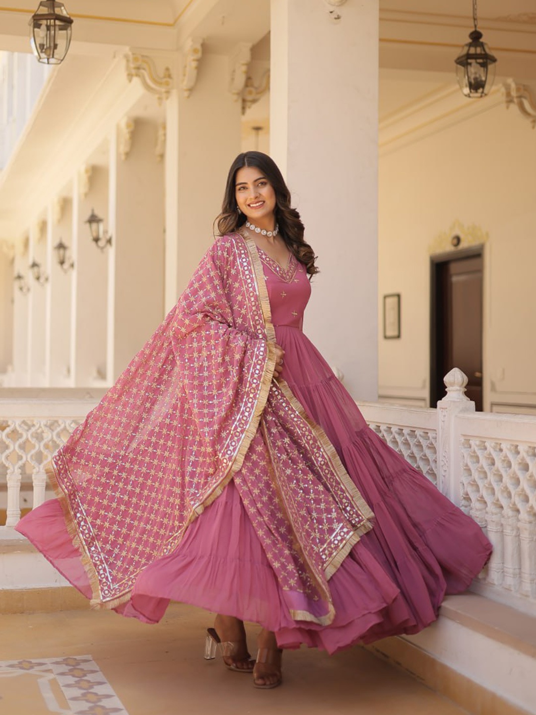 

ZIBLON Embroidered Gown Maxi Ethnic Dresses With Dupatta, Pink