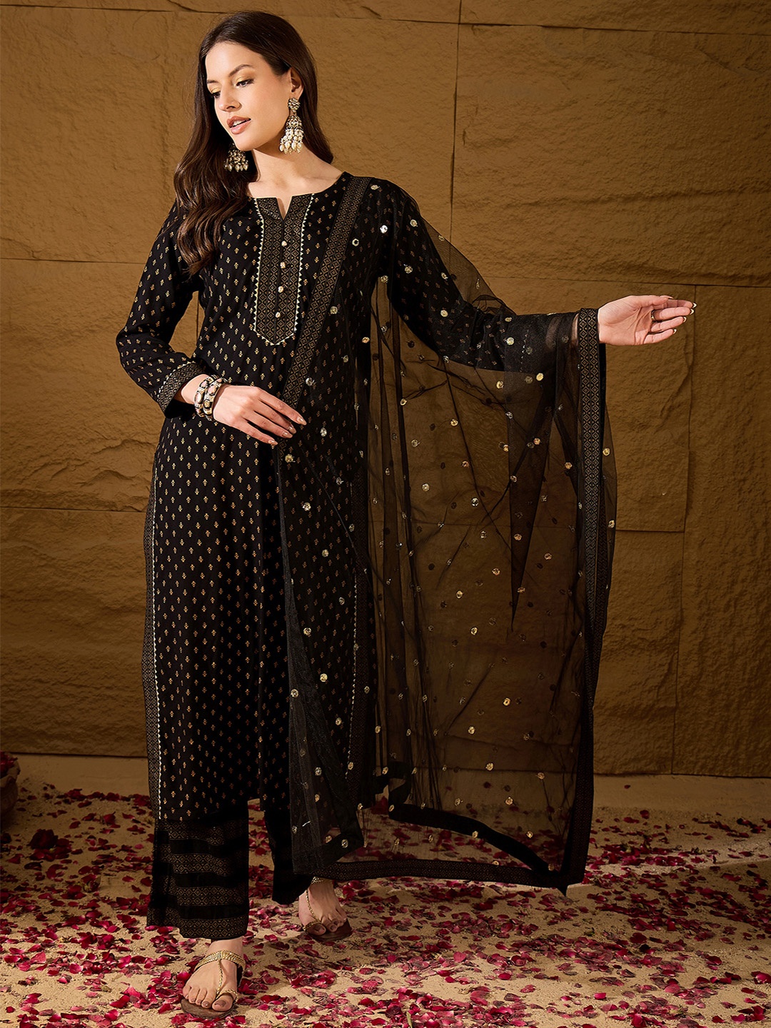 

KALINI Floral Printed Notch Neck Straight Kurta With Palazzos & Dupatta, Black