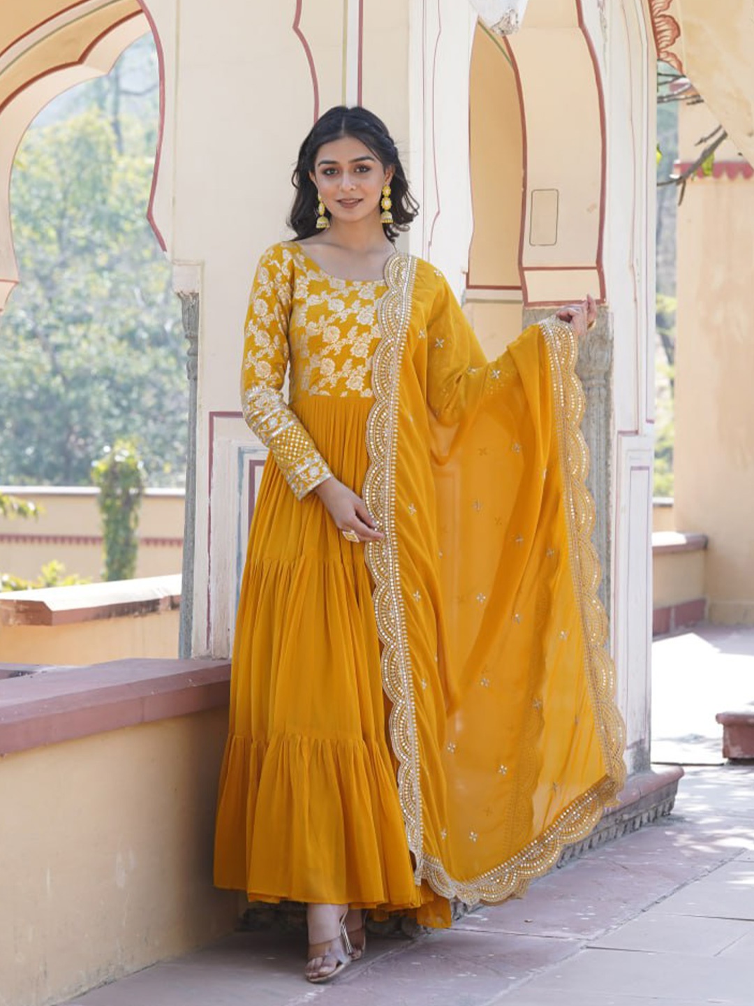 

ZIBLON Embroidered Gown Maxi Ethnic Dresses With Dupatta, Yellow