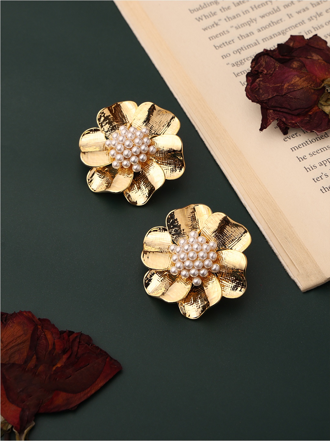 

PATOLA BY VJ Stainless Steel Gold-Plated Beaded Anti Tarnish Floral Shaped Studs