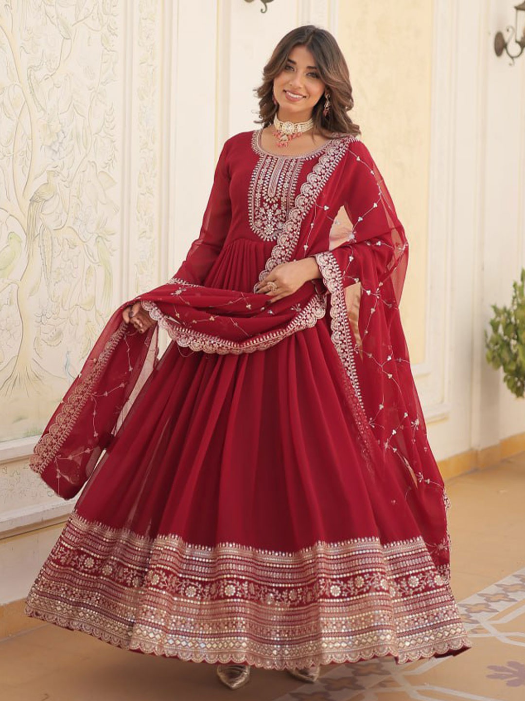 

ZIBLON Embroidered Fit & Flared Maxi Dress With Dupatta, Maroon