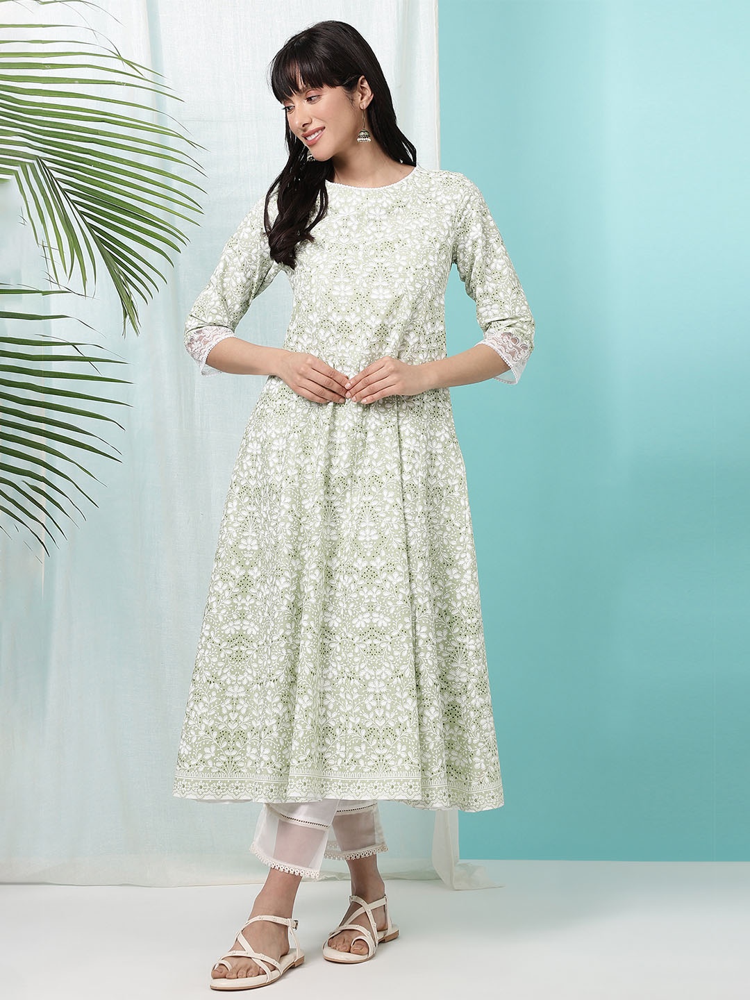 

W Floral Printed Cotton Gotta Patti Anarkali Kurta, Green