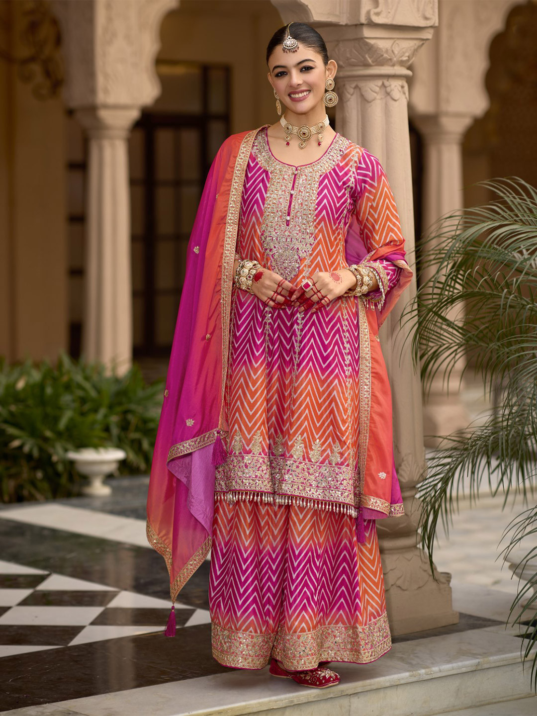 

AUTUMN LANE Embroidered A-Line Kurta with Palazzos & With Dupatta, Pink