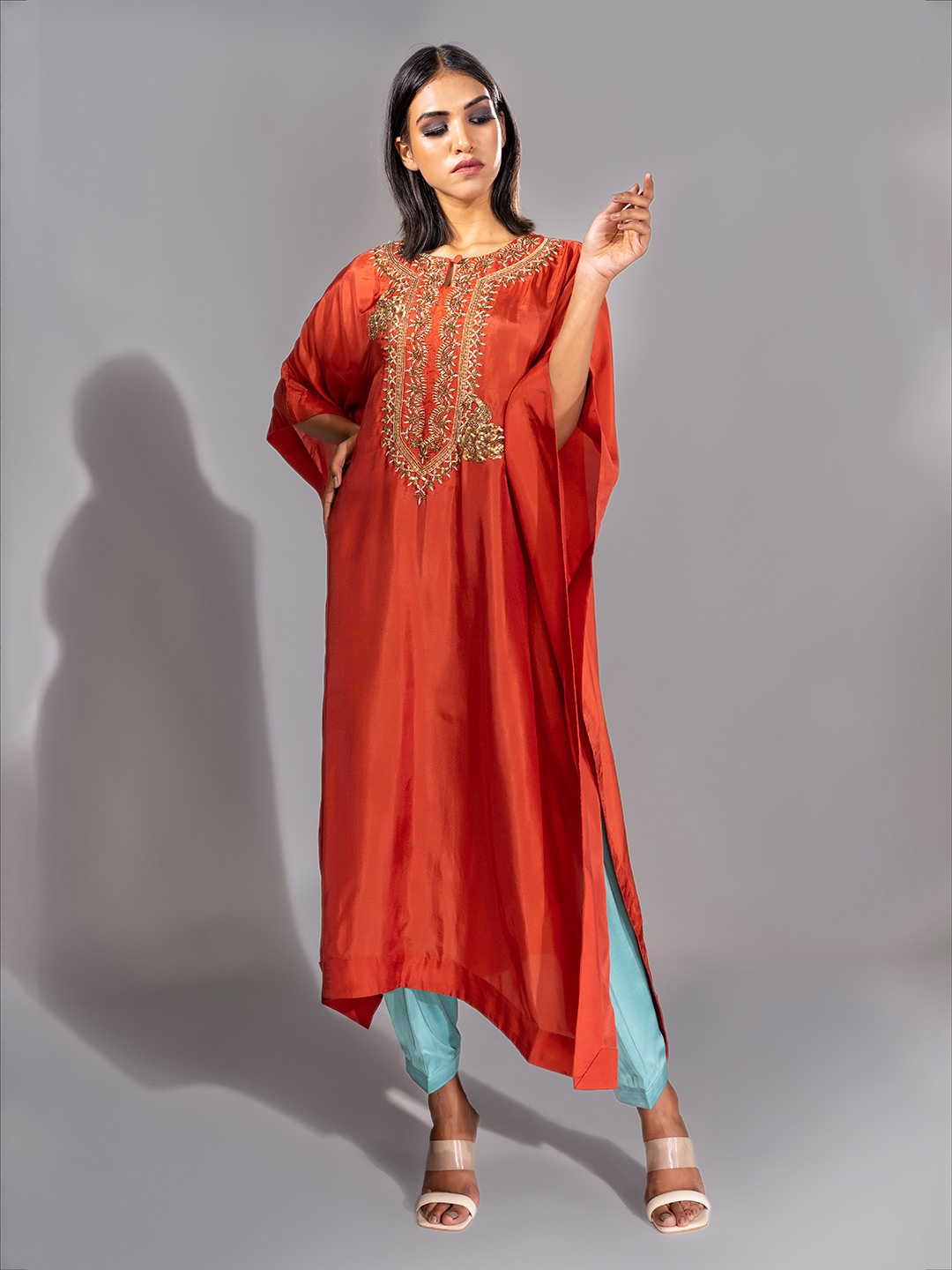 

Shruti S Floral Yoke Design Zardozi Pure Silk Kaftan Kurta With Trousers, Orange