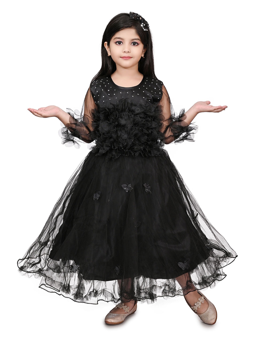 

Zenat Flared Sleeve Layered Net Fit & Flare Dress, Black