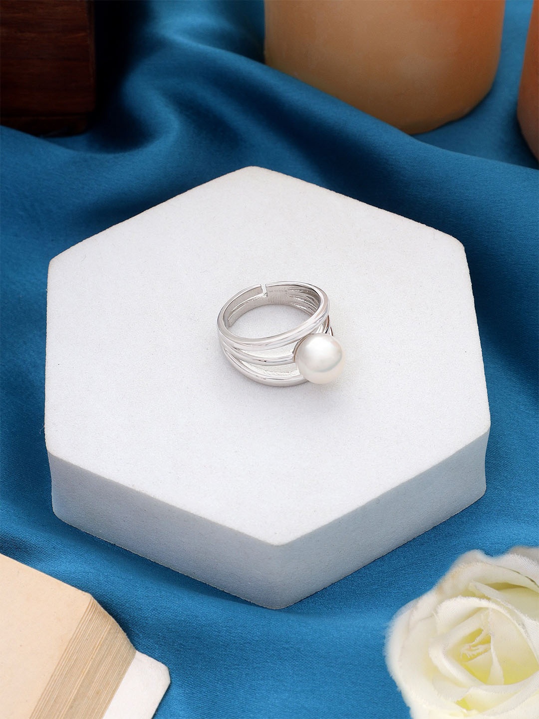 

DIAVO 925 Sterling Silver Rhodium-Plated Pearla Beaded Finger Ring