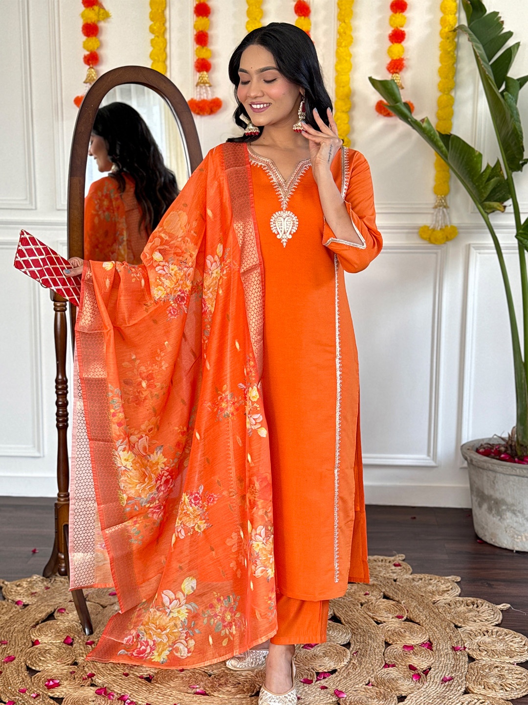 

Shatanuvart Export Floral Yoke Design Notch Neck Chanderi Kurta & Trouser & Dupatta, Orange