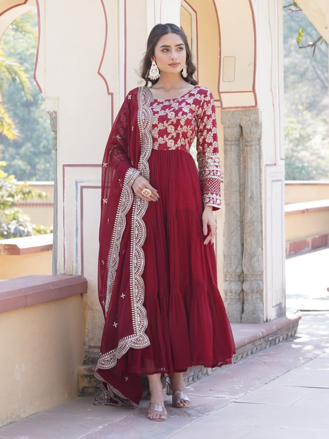 

ZIBLON Women Embellished Embroidered Fit & Flared Maxi Dress With Dupatta, Maroon