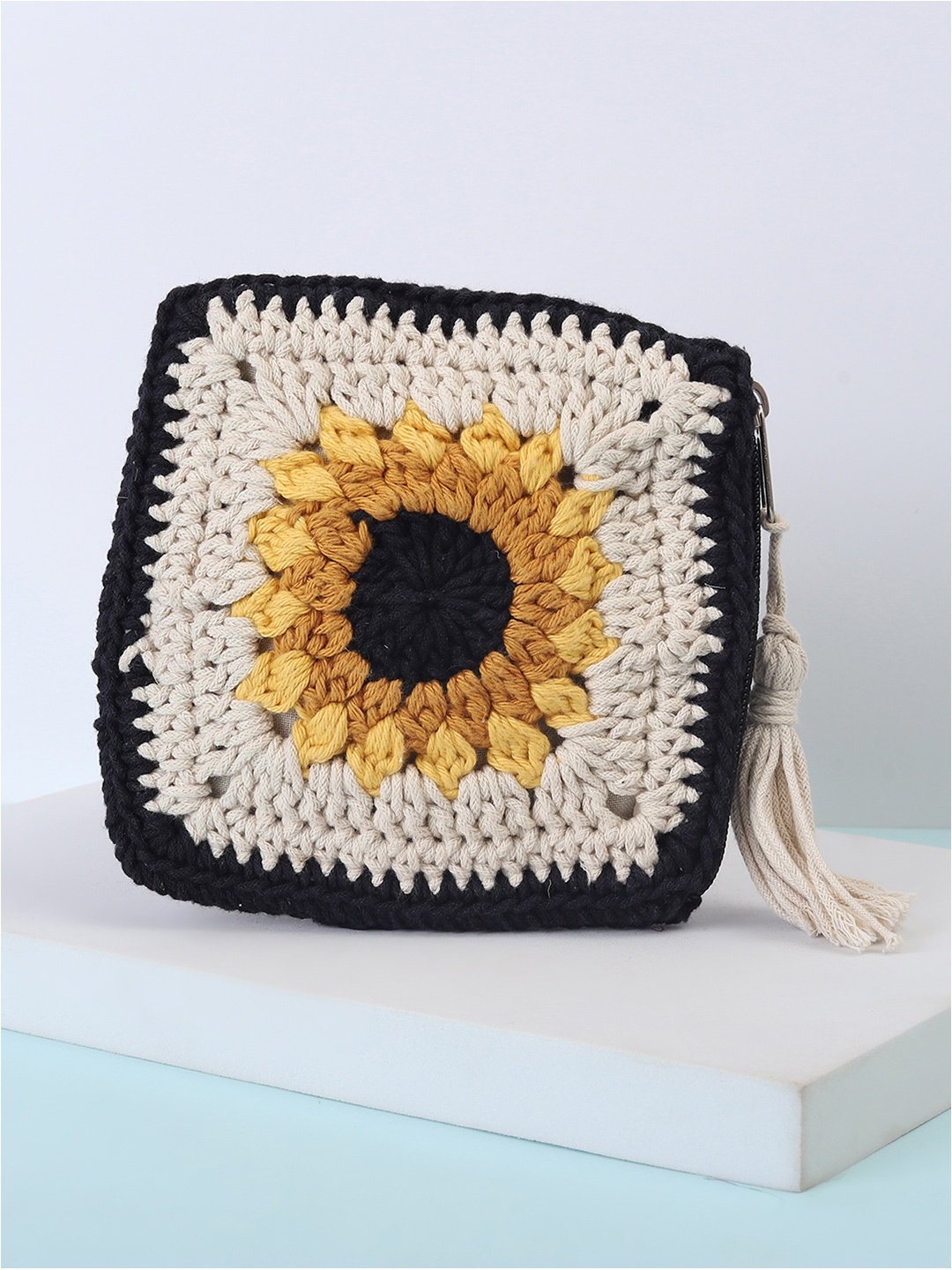 

ITIHASIKALA Floral Structured Hobo Bag with Applique, Yellow