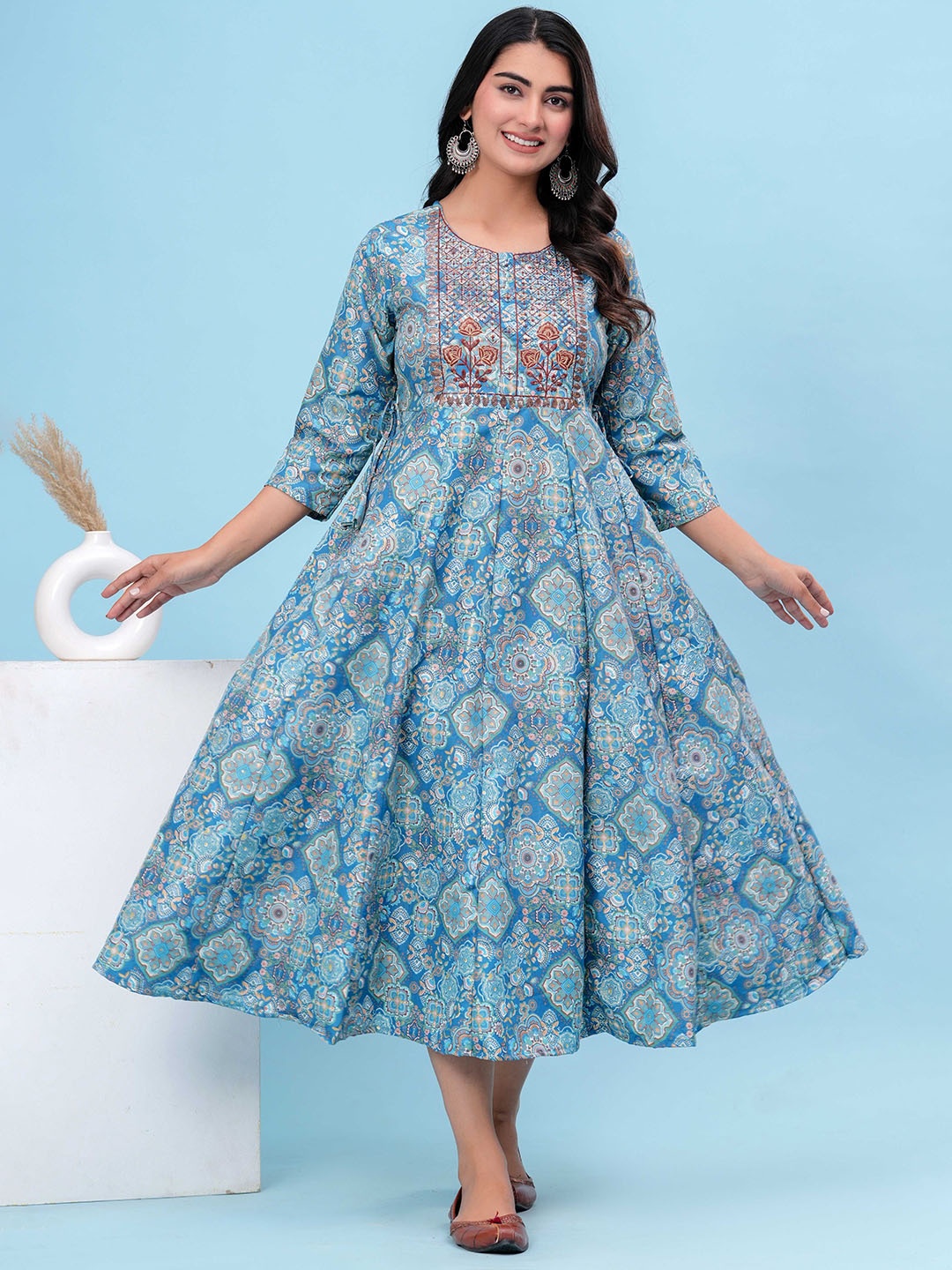 

HEARTLOOM Floral Printed Anarkali Midi Dress, Blue
