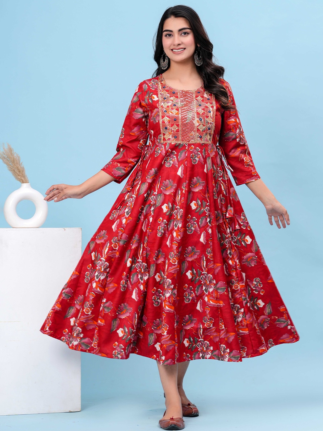 

HEARTLOOM Floral Printed Anarkali Midi Dress, Red