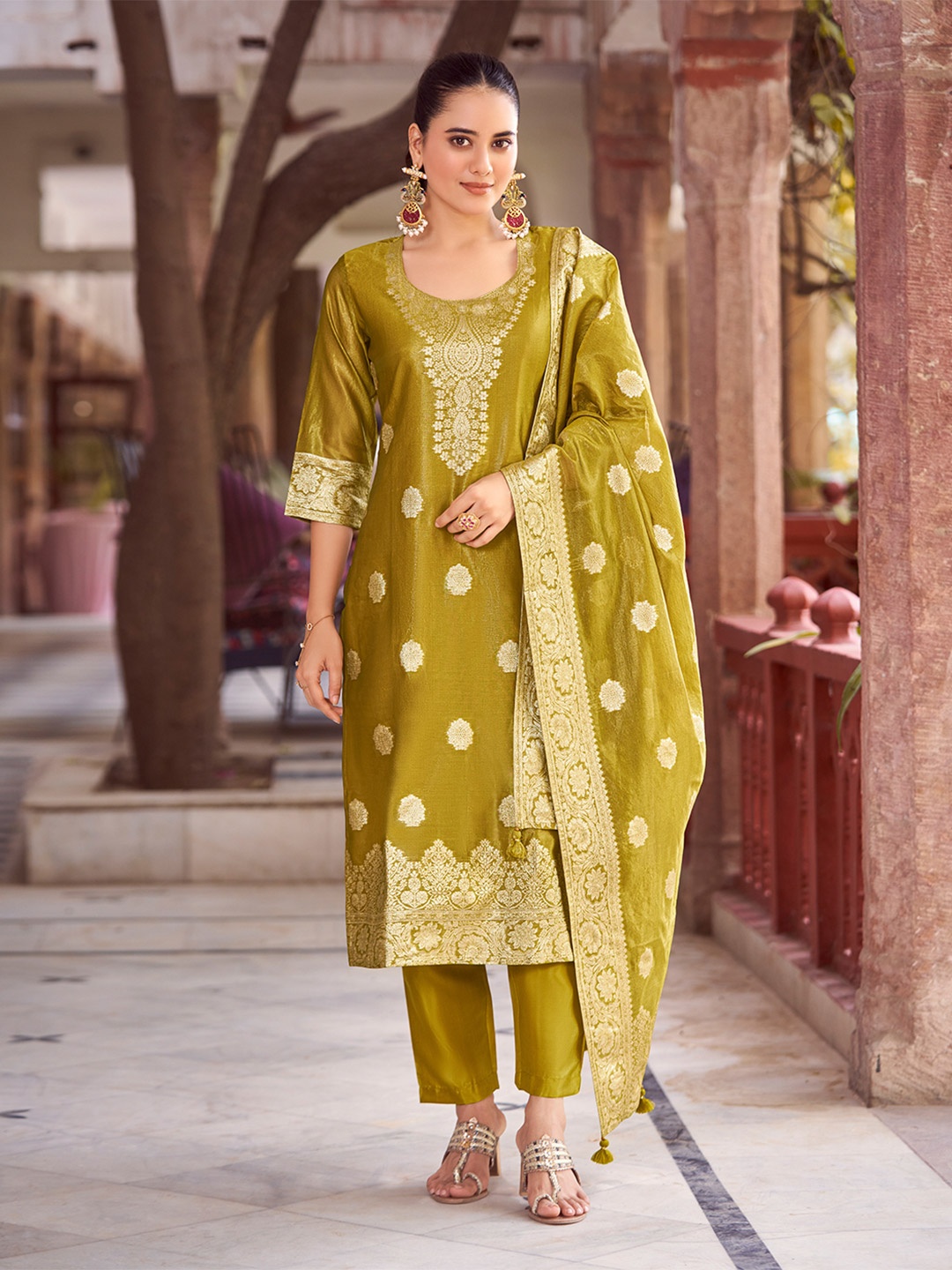 

DIVASTRI Floral Woven Design Straight Kurta With Trouser And Dupatta, Mustard