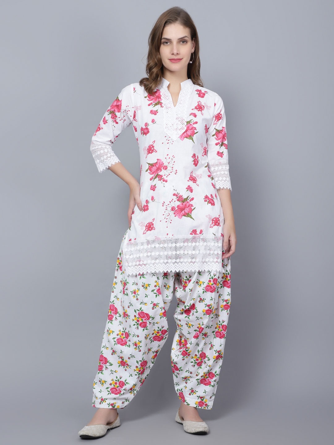 

Trendzmy Floral Printed Mandarin Collar Pure Cotton Straight Kurti With Salwar, White