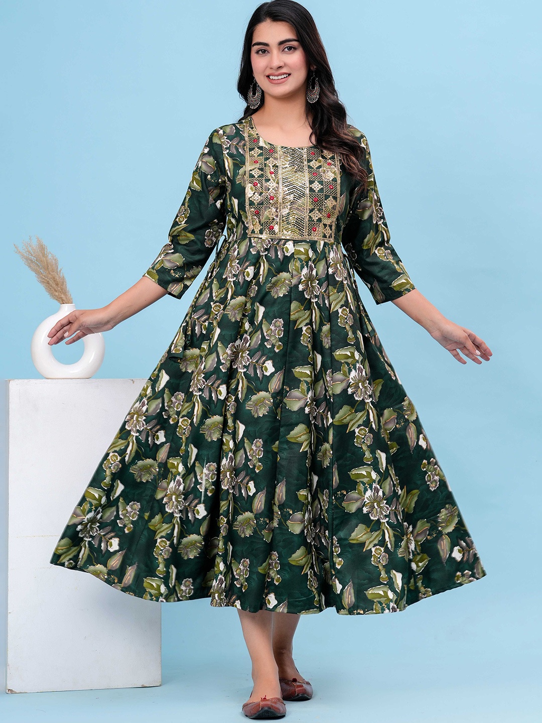 

HEARTLOOM Floral Printed Anarkali Midi Dress, Green