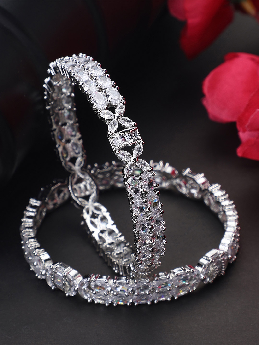 

Opal Touch Set Of 2 Rhodium-Plated AD-Studded Bangles, Silver