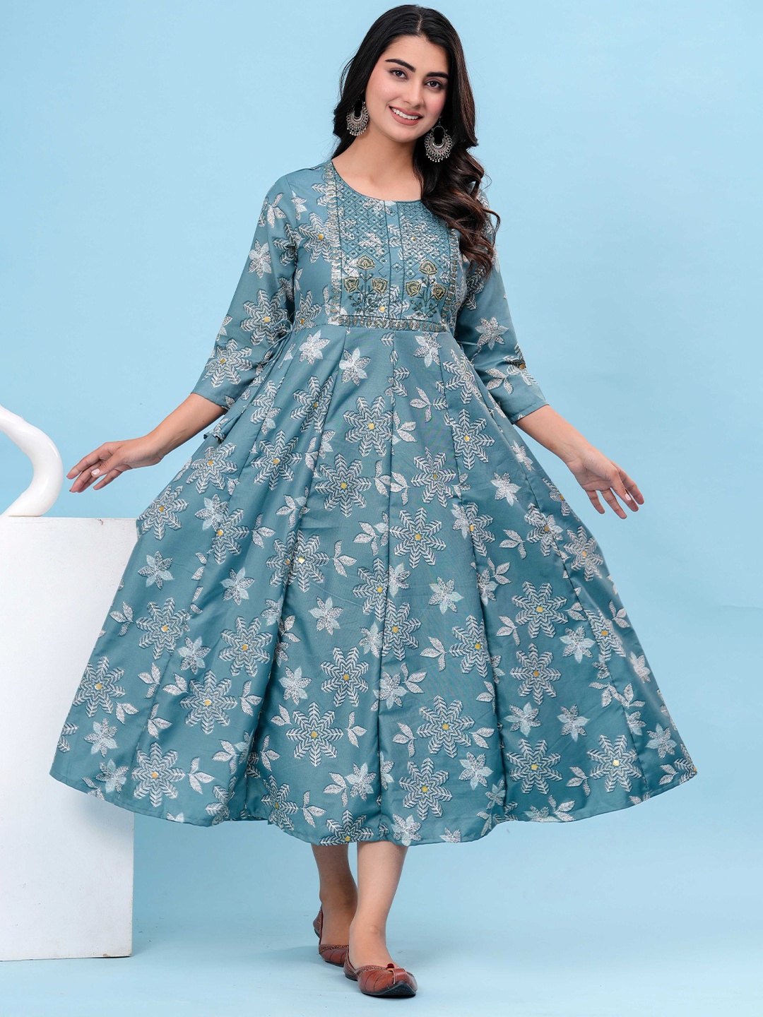 

HEARTLOOM Floral Printed Anarkali Midi Dress, Blue