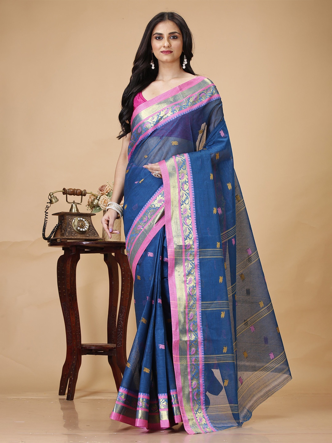 

SLAGHA Woven Design Zari Pure Cotton Taant Saree, Blue