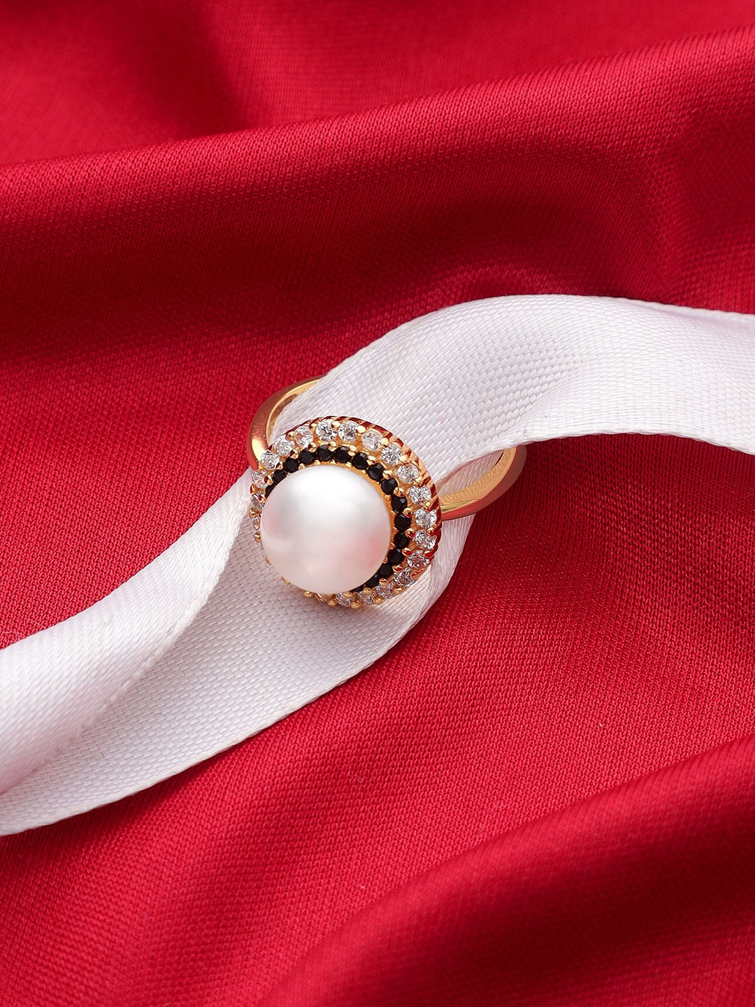 

DIAVO 925 Sterling Silver Gold-Plated Pearls Beaded & Cubic Zirconia Studded Finger Ring