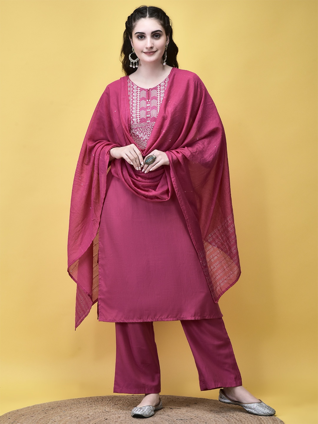 

Shree Geometric Yoke Design Thread Work Liva Straight Kurta With Trousers & With Dupatta, Pink