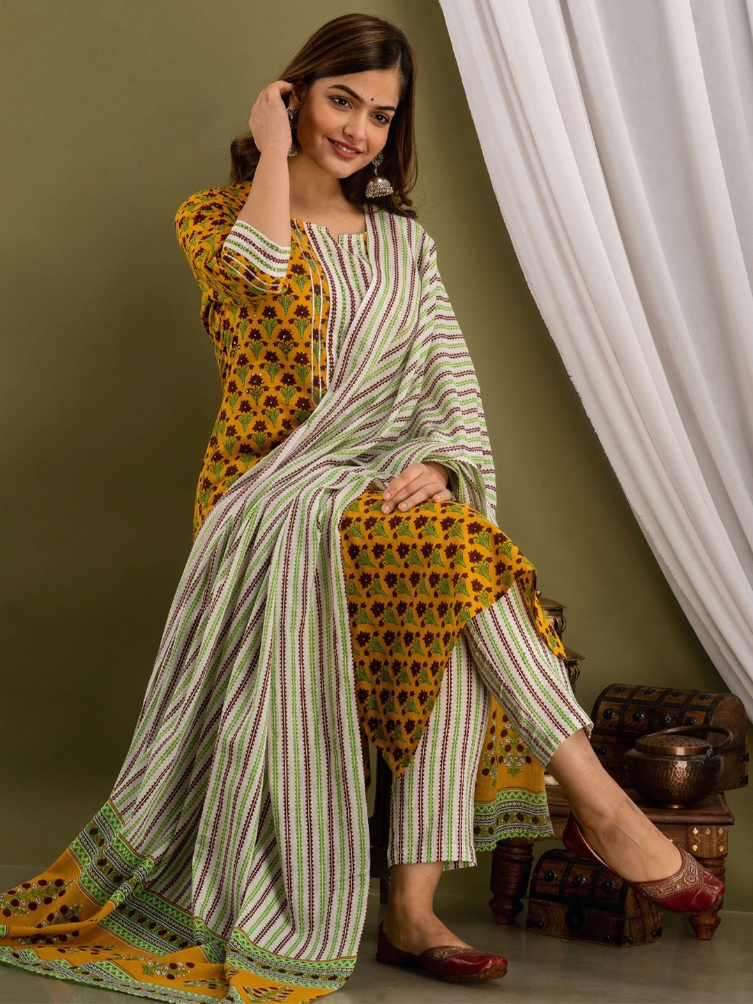 

Prathmikta Floral Printed Pure Cotton Straight Kurta With Trousers And Dupatta, Yellow