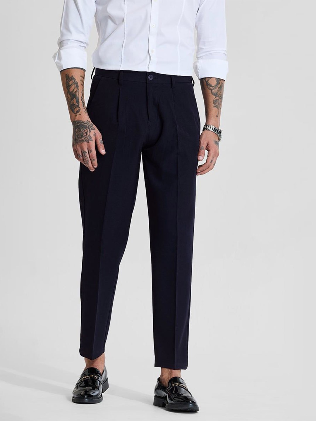 

Snitch Men Smart Slim Fit Pleated Trousers, Navy blue