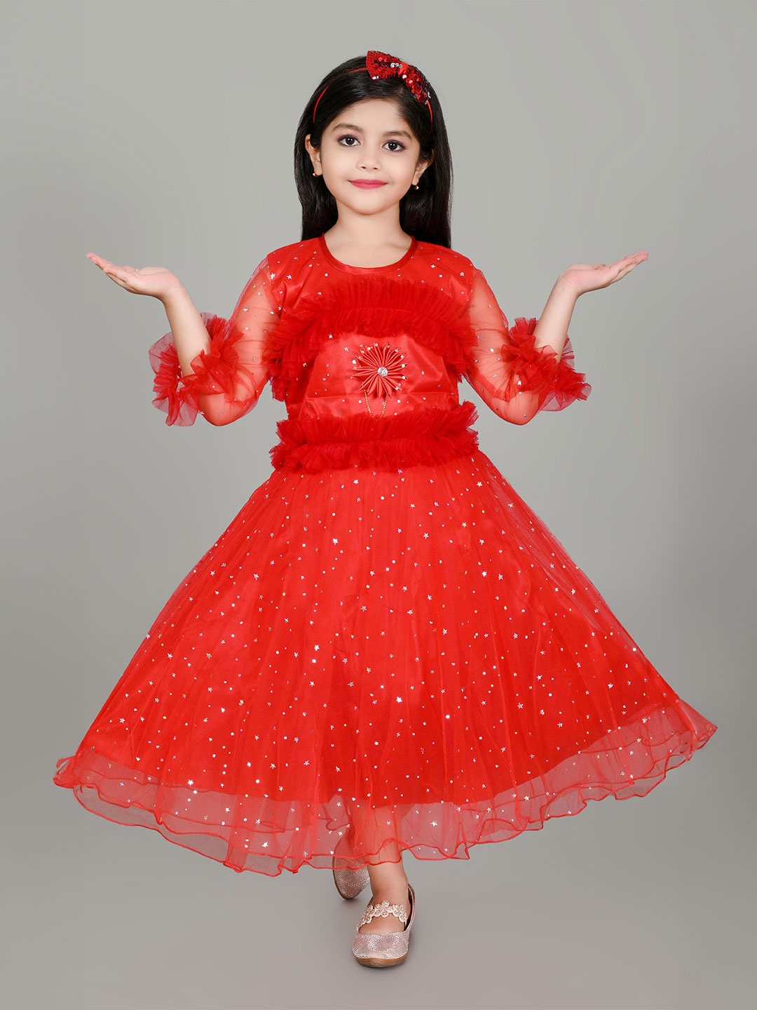 

Zenat Flared Sleeve Layered Net Fit & Flare Dress, Red