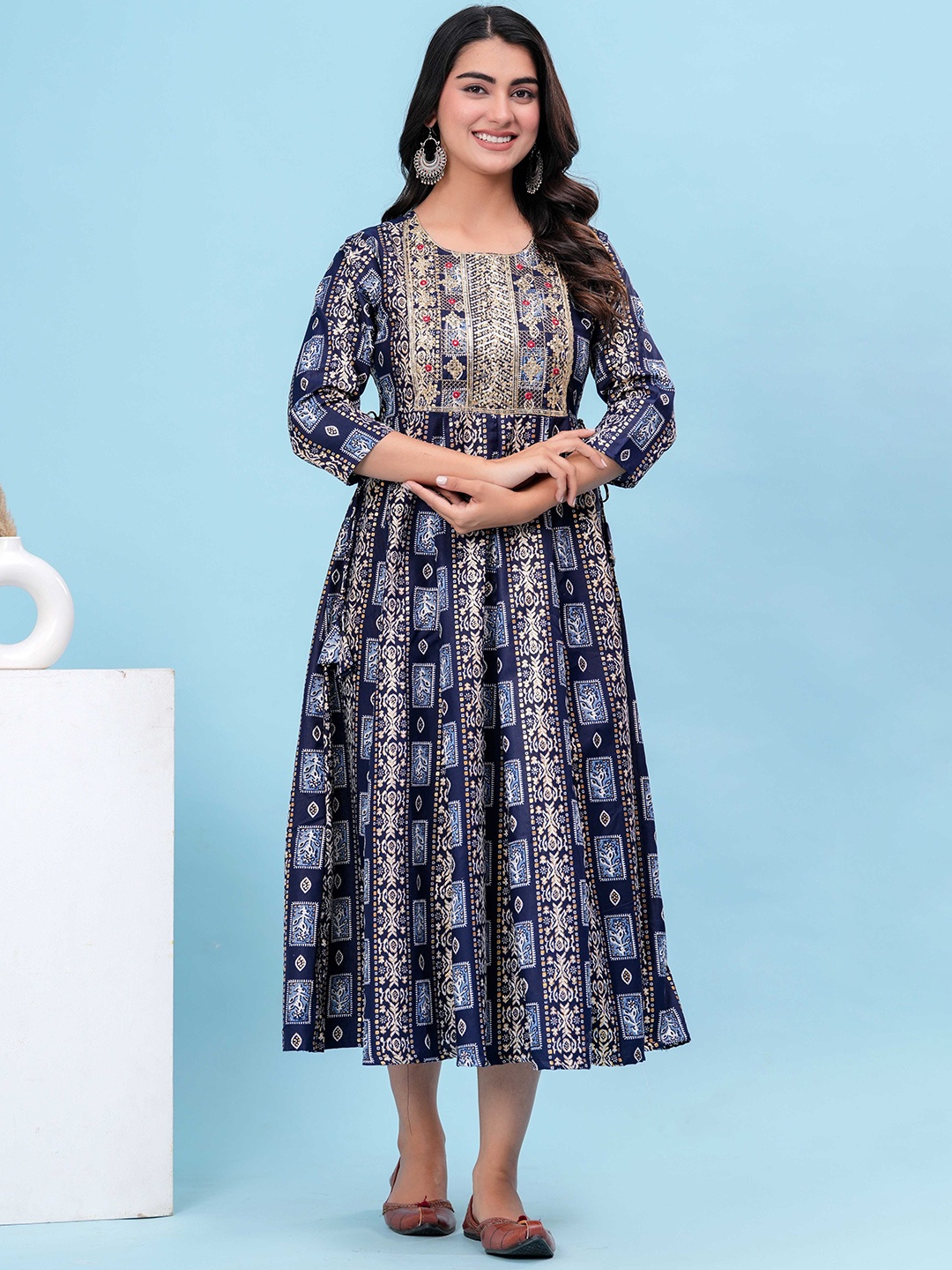 

HEARTLOOM Ethnic Motifs Printed Anarkali Midi Dress, Blue