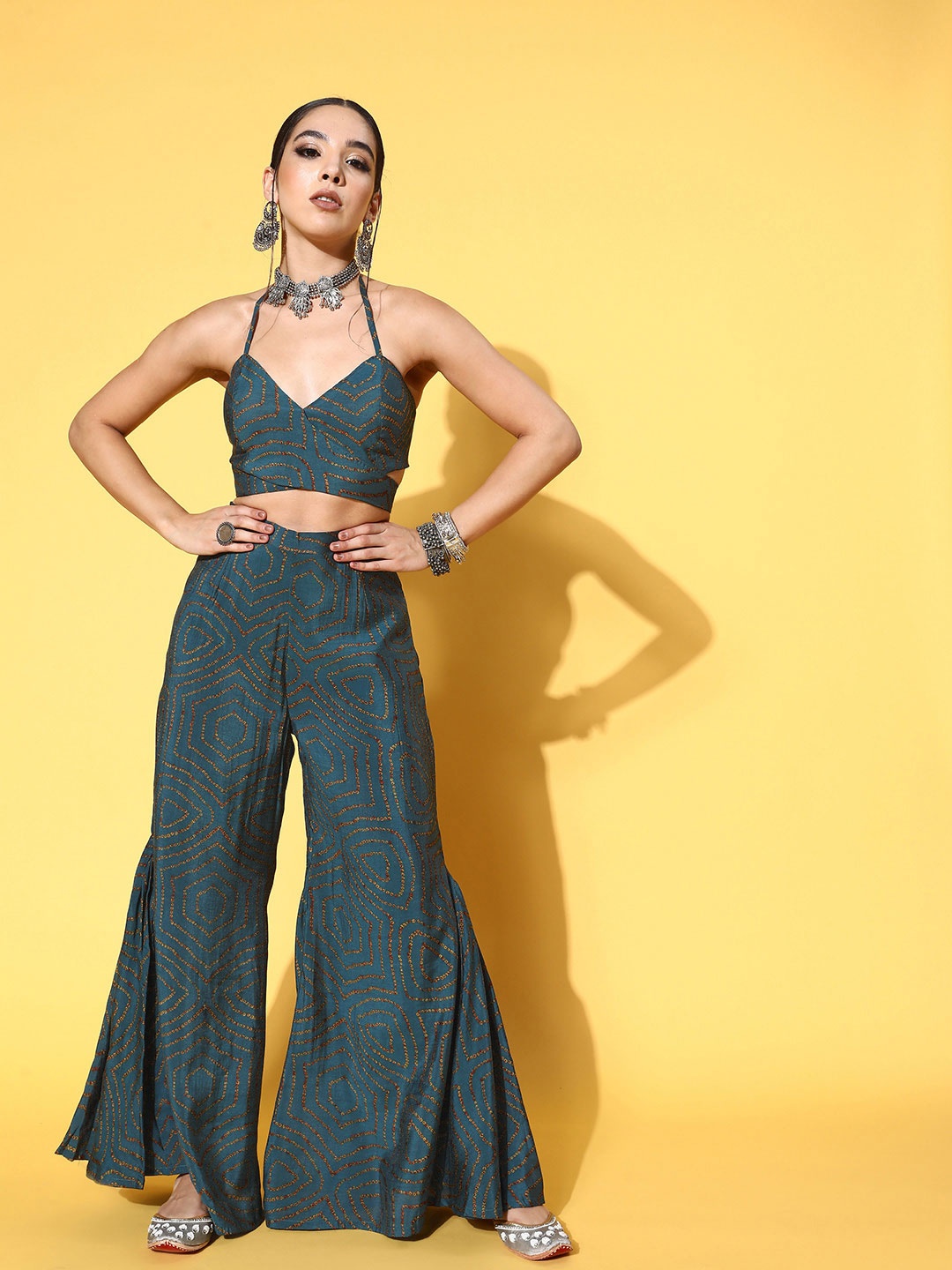 

KALINI Abstract Printed Halter-Neck Cropped Top With Palazzos, Teal