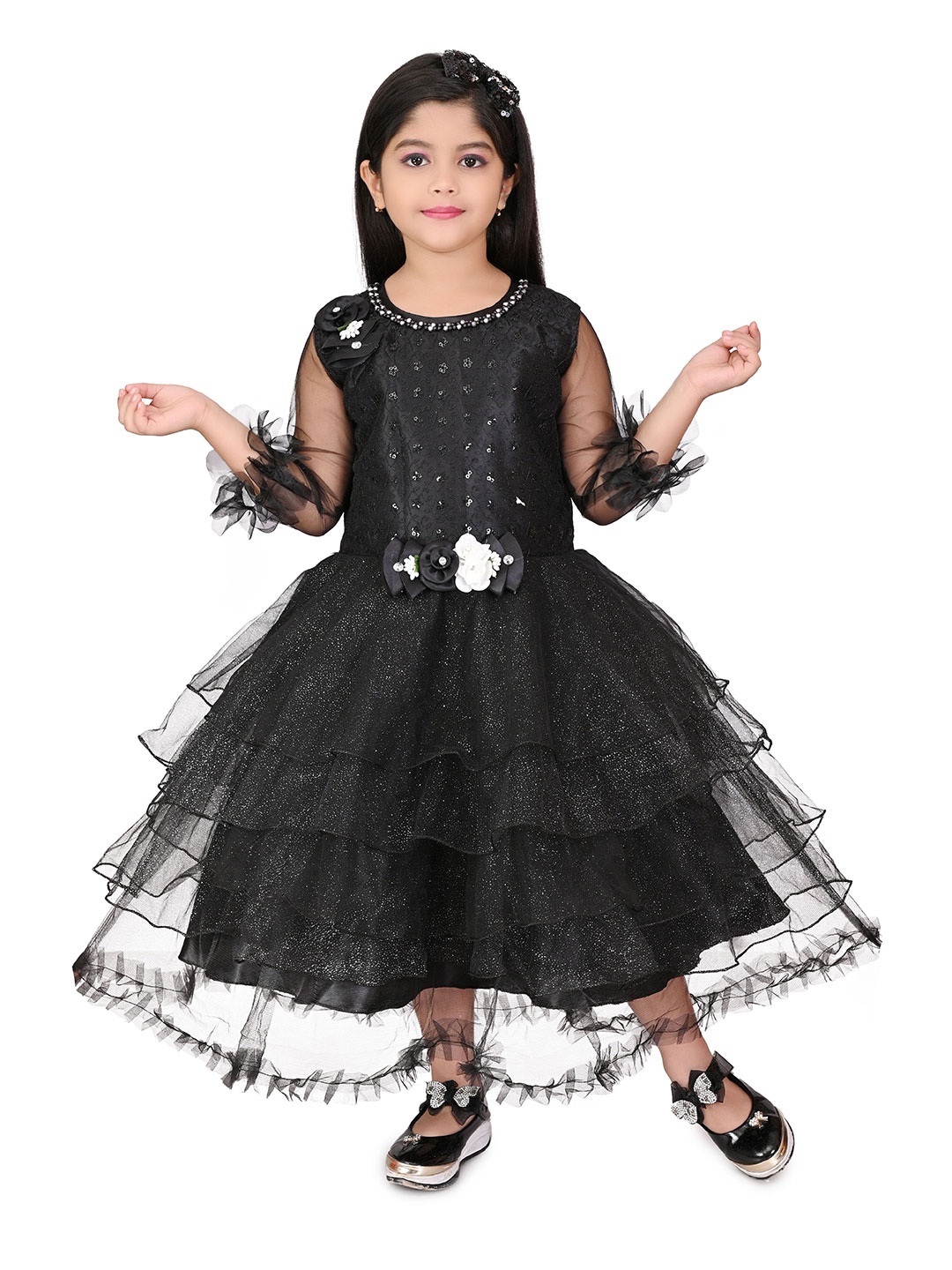 

Zenat Flared Sleeve Layered Net Fit & Flare Dress, Black