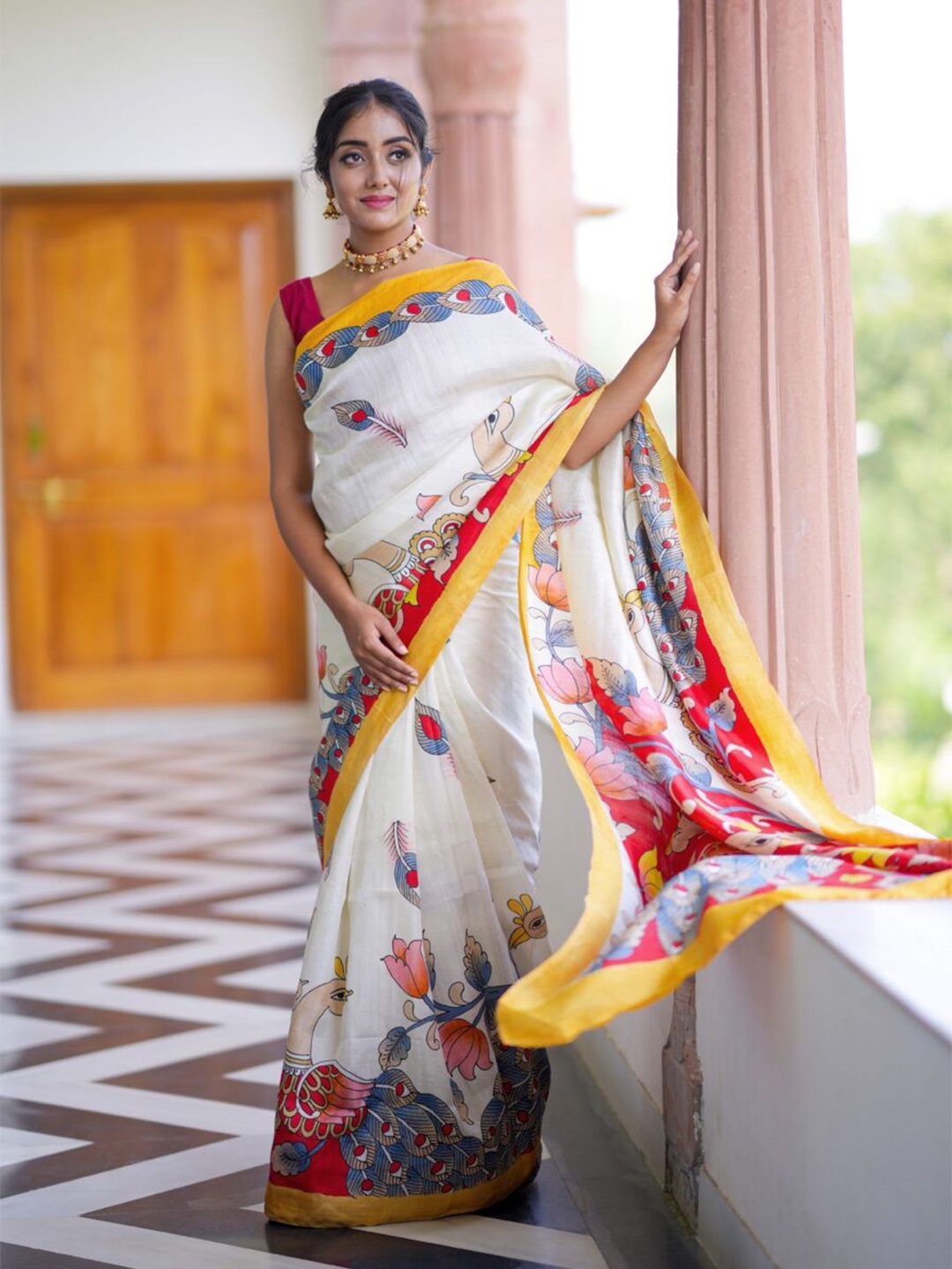 

Iris Kalamkari Pure Cotton Saree, White
