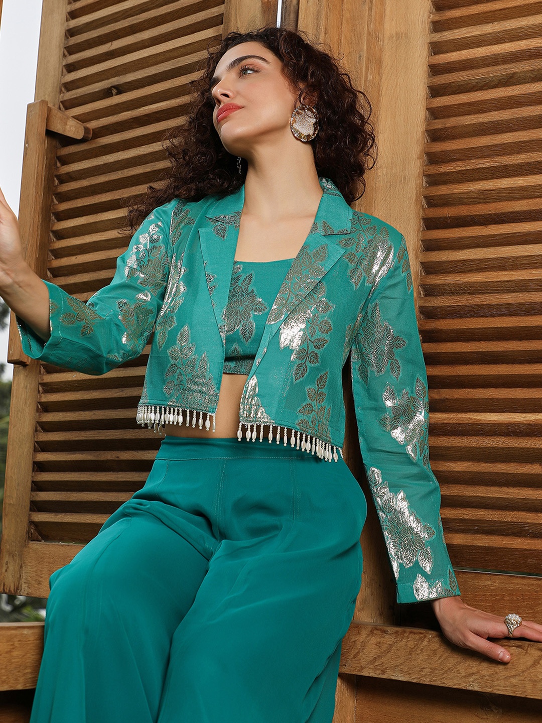

QISSA Floral Printed Square Neck Top Jacket With Palazzos, Teal