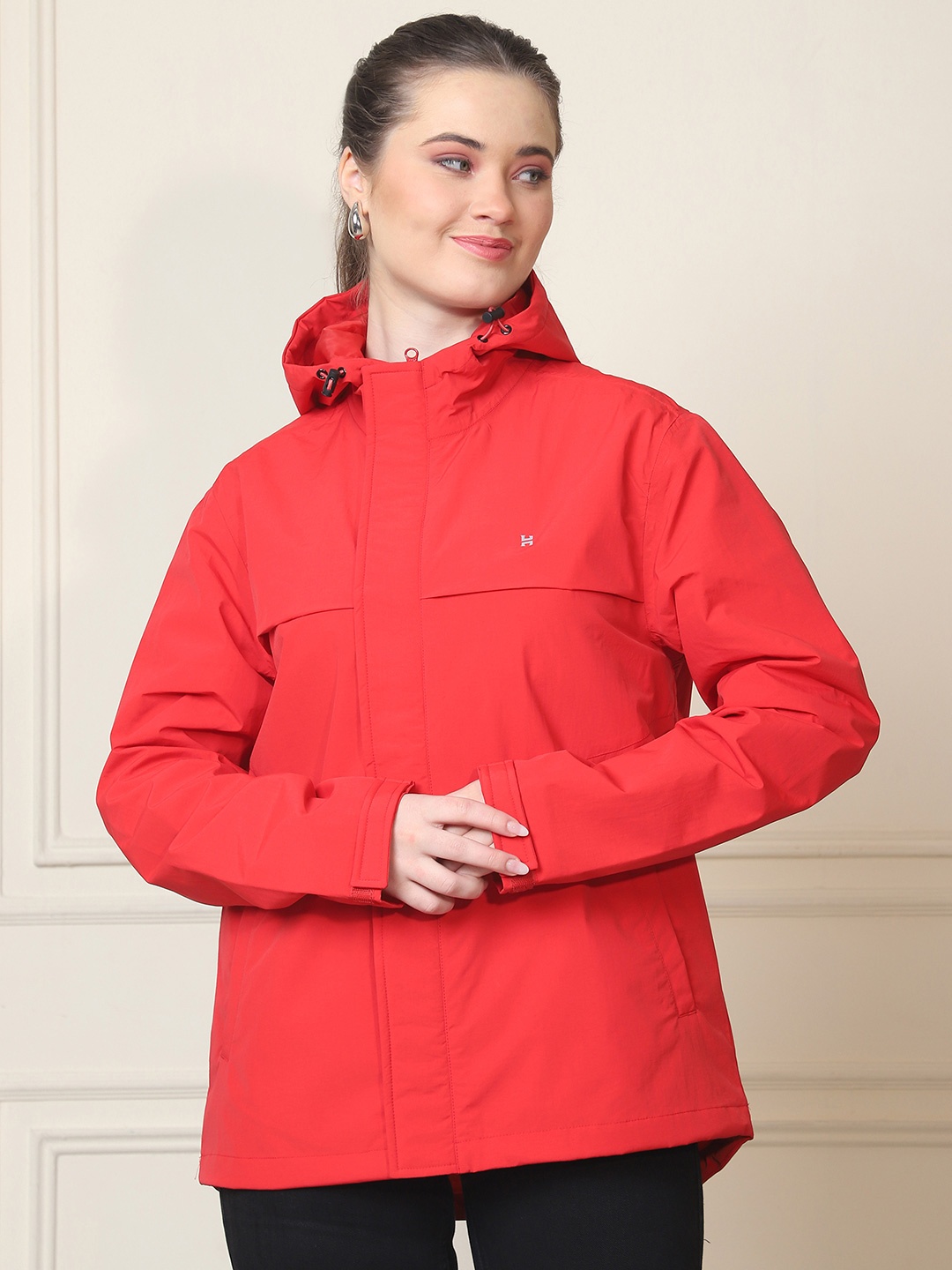 

HOUSE OF VEDAS Women Hooded Solid Casual Windcheater And Water Resistant Bomber Jacket, Red