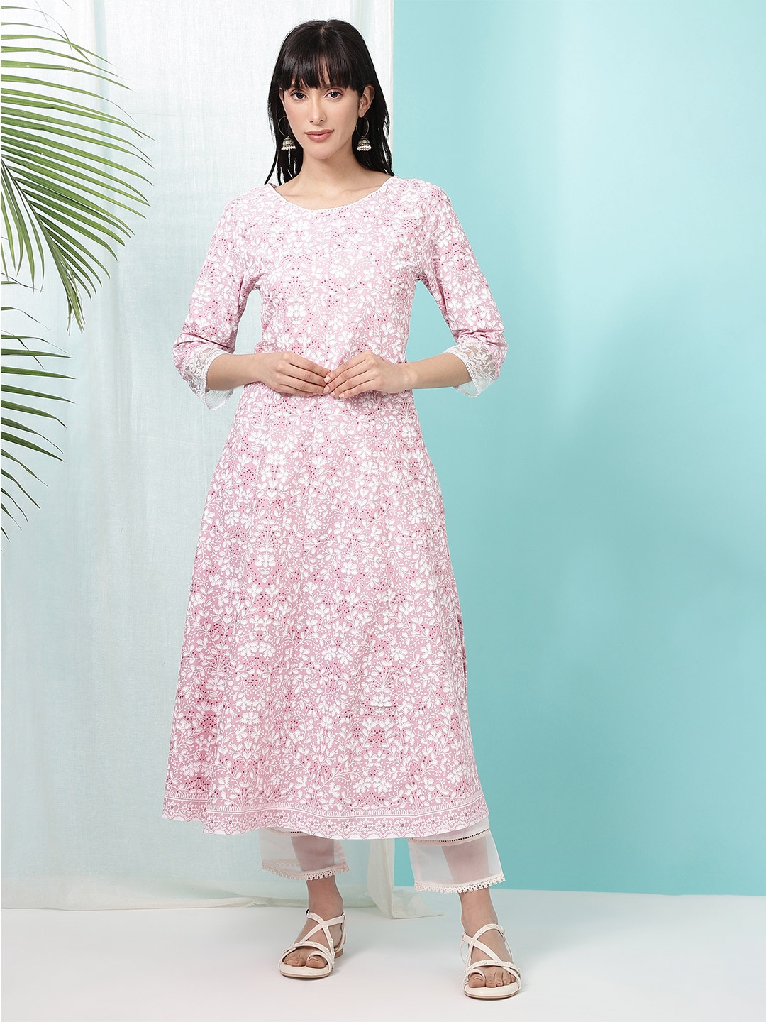 

W Floral Printed Cotton Gotta Patti Anarkali Kurta, Pink