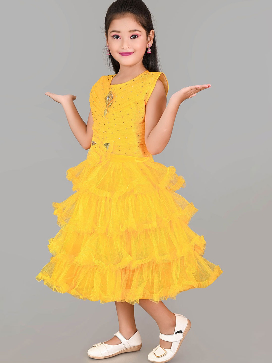 

Zenat Layered Net Fit & Flare Dress, Yellow