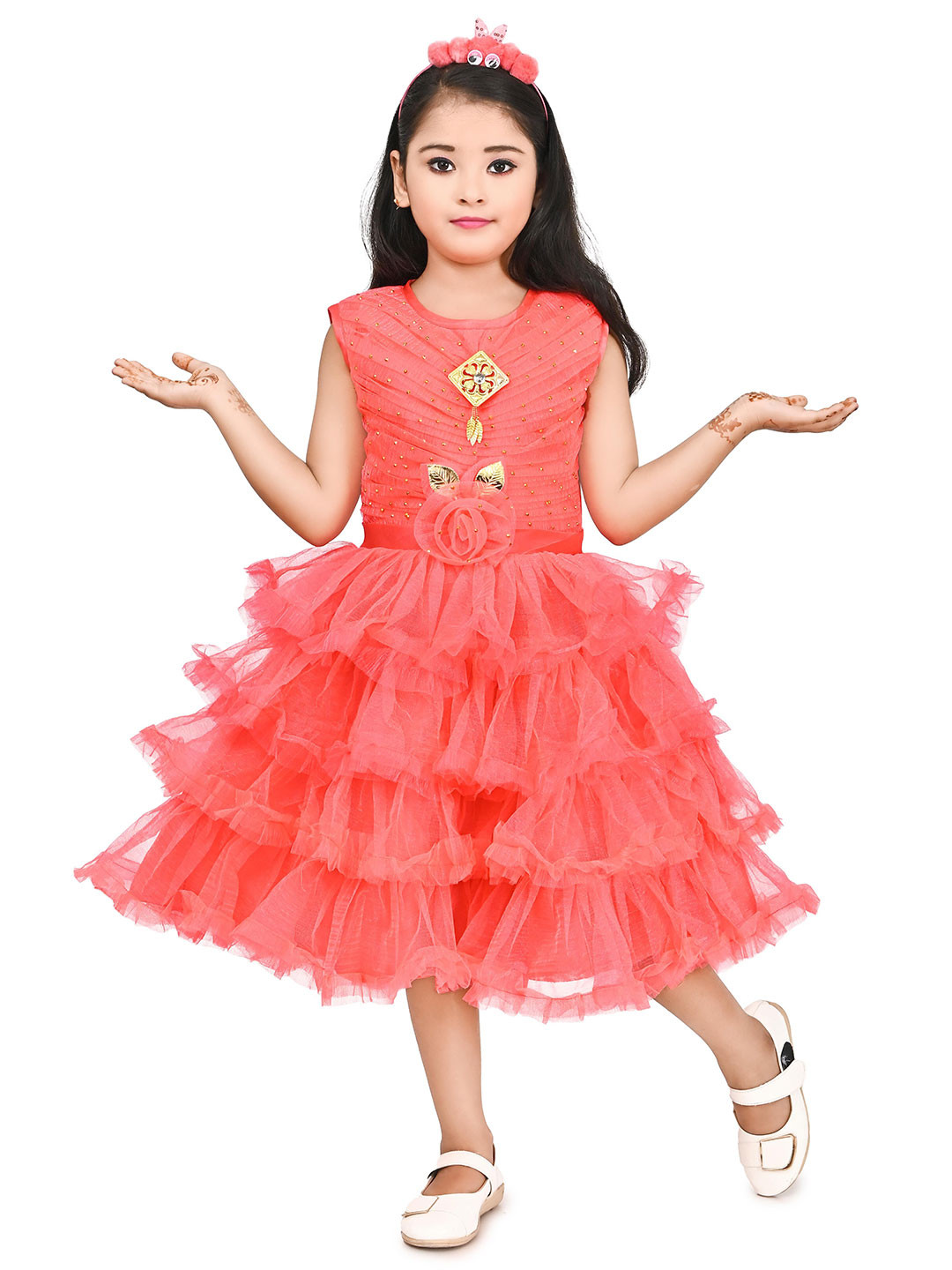 

Zenat Layered Net Fit & Flare Dress, Red