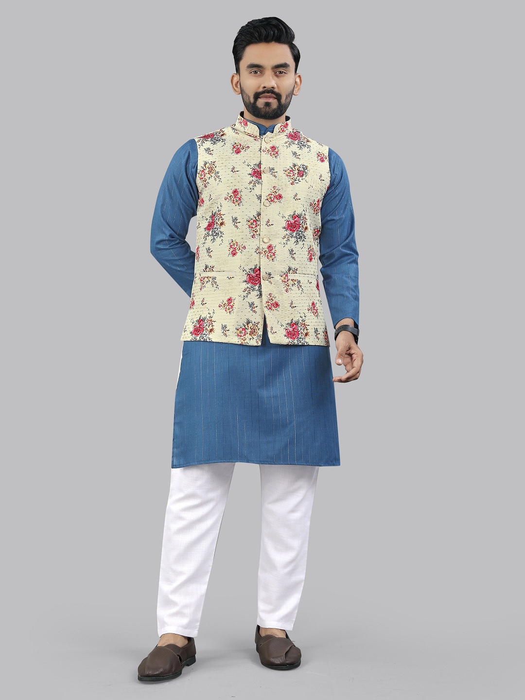 

WELL TEX Striped Mandarin Collar Long Sleeves Straight Kurta With Pyjama & Nehru Jacket, Blue
