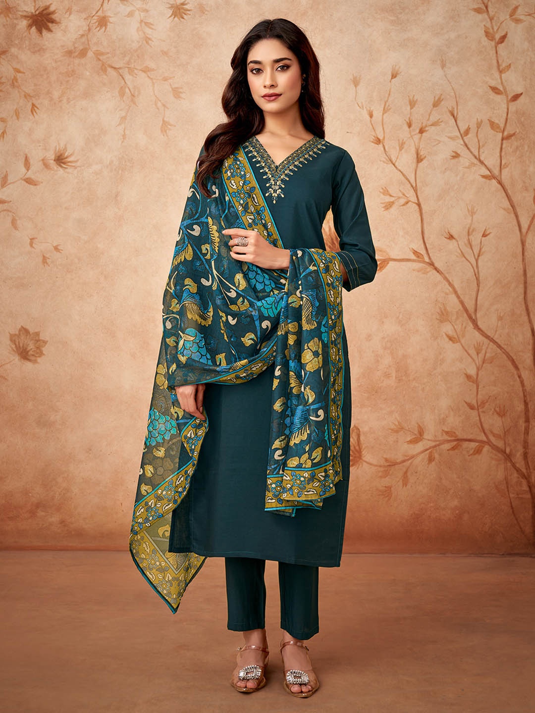 

KALINI Embroidered V-Neck Thread Work Chanderi Silk Straight Kurta Pant Dupatta, Teal