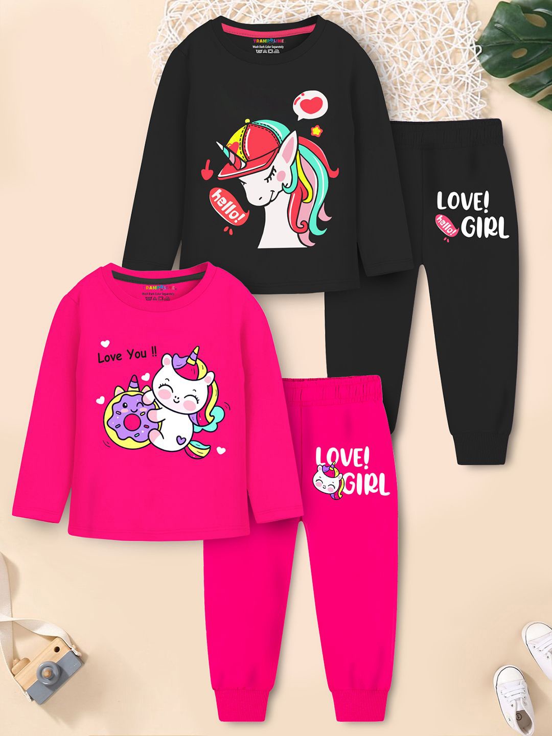 

YK X Trampoline Girls Pack Of 2 Graphic Printed Long Sleeves T-shirt With Joggers, Pink