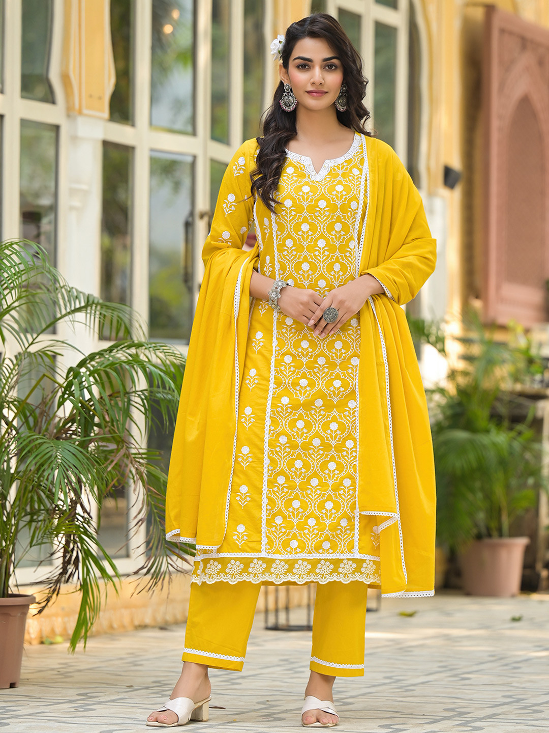 

all about you Embroidered Chikankari Pure Cotton Straight Kurta With Trousers & Dupatta, Yellow
