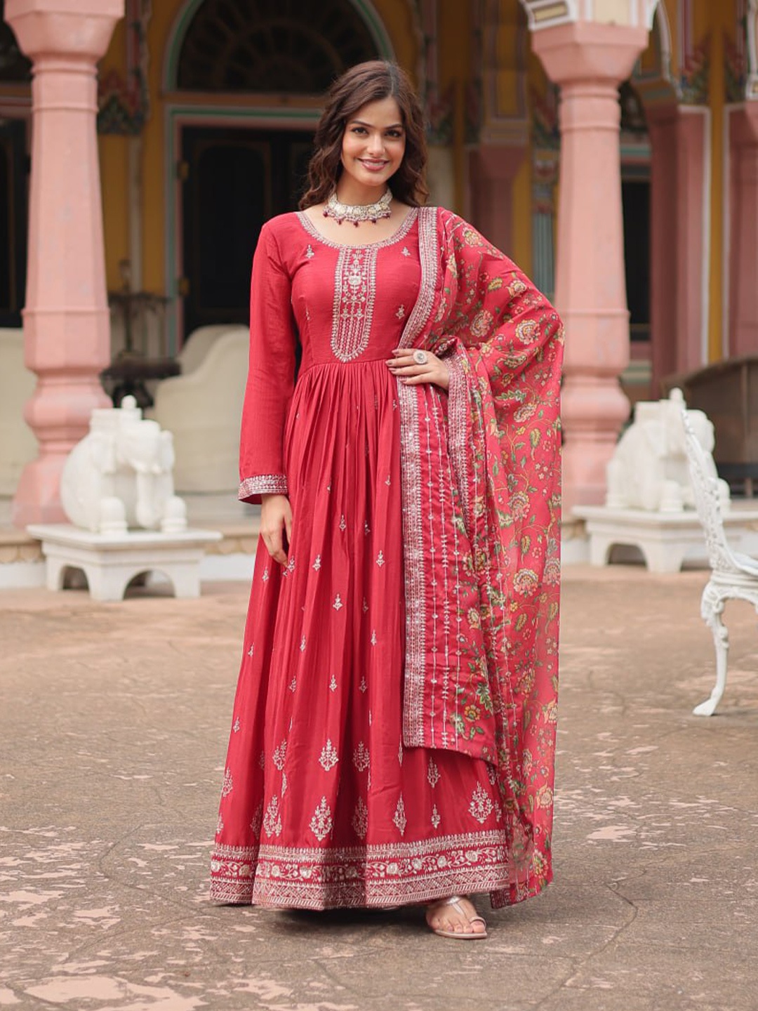 

ZIBLON Embroidered Fit & Flared Maxi Dress With Dupatta, Red