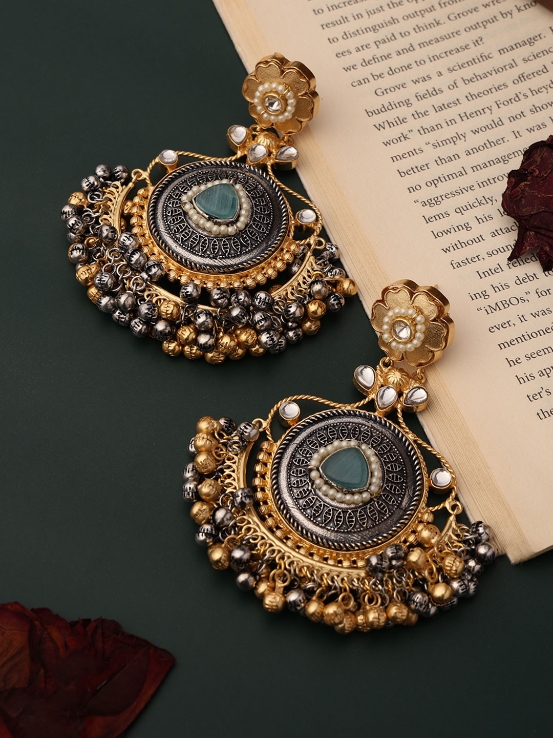 

PATOLA BY VJ Gold Plated Stones Studded & Beaded Contemporary Shaped Drop Earrings, Green