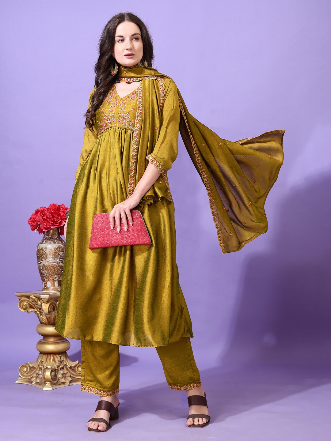 

KALINI Floral Yoke Design V-Neck Thread Work Anarkali Kurta With Palazzos And Dupatta, Yellow