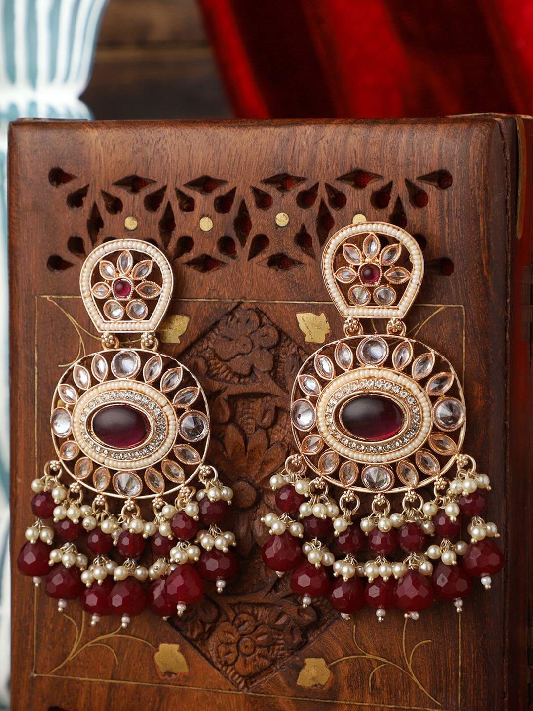 

PATOLA BY VJ Gold Plated Oval Shaped Kundan Drop Earrings, Maroon