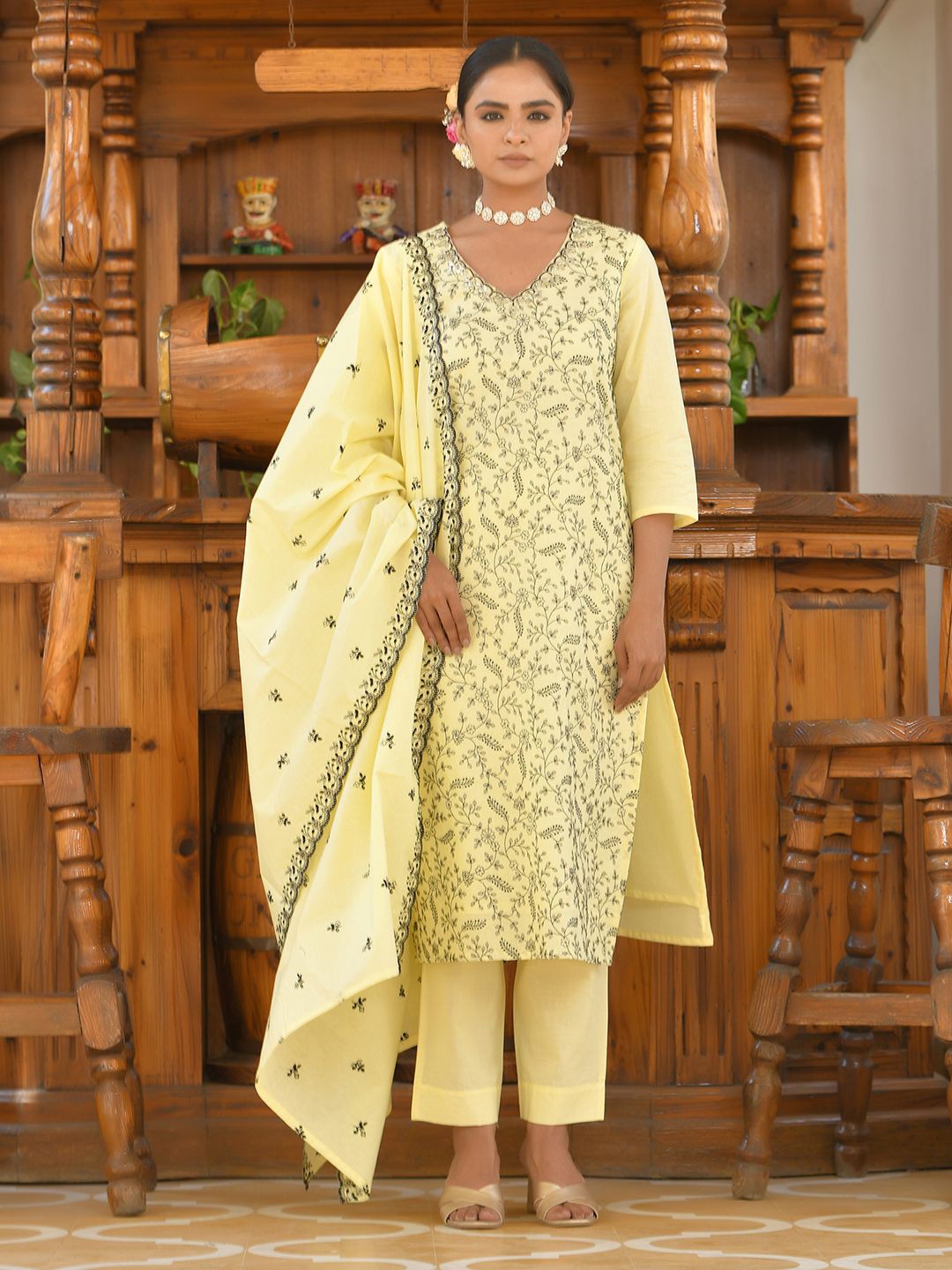 

VAASVA JAIPUR Floral Embroidered V-Neck Sequinned Pure Cotton Kurta With Trouser & Dupatta, Yellow